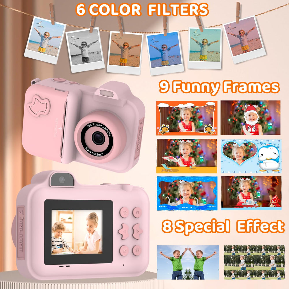 Xuweicn Kids Camera Dual-Lens Selfie highlights front and back lenses for selfies.