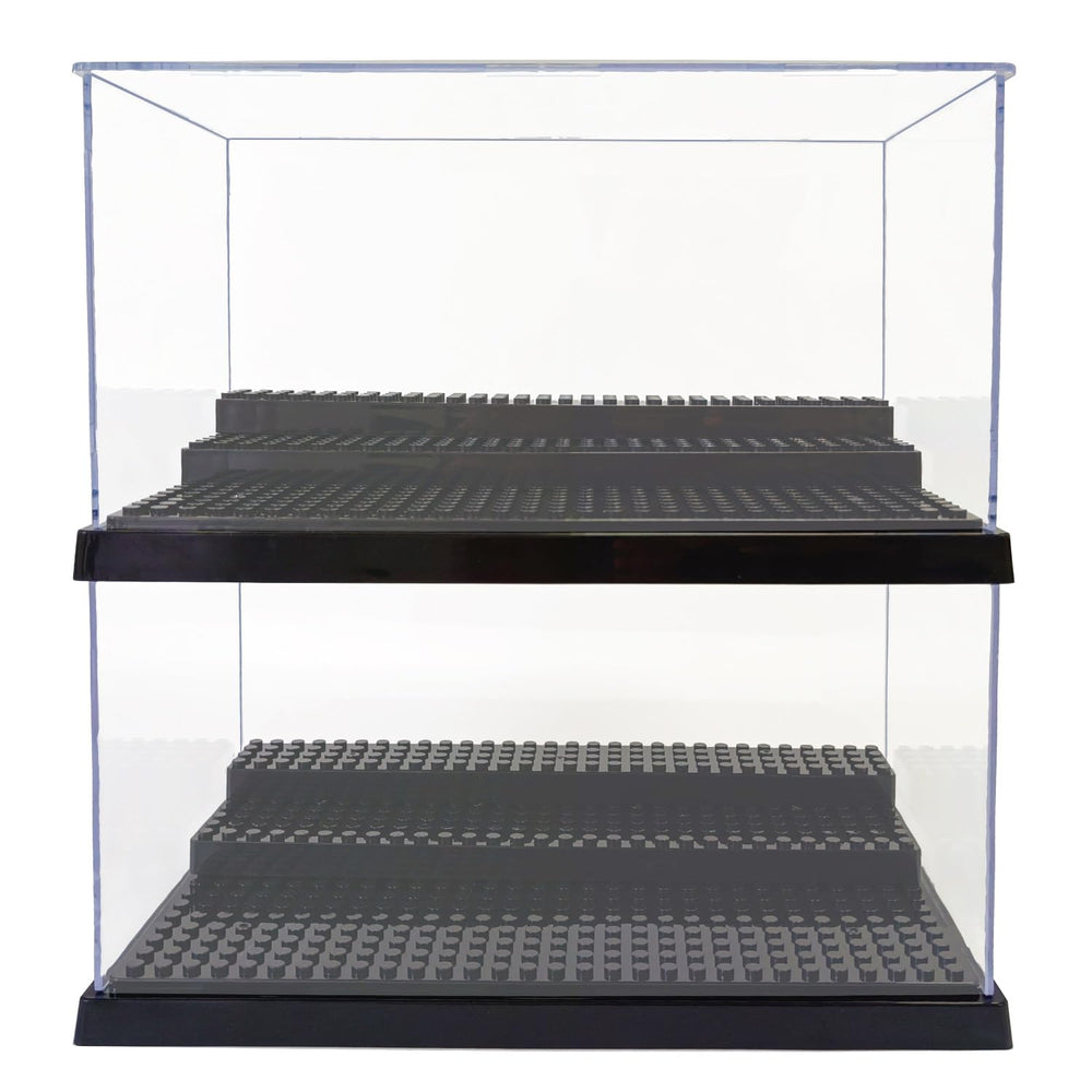 XXINSHI minifigure display case with black base protects figures from dust while on display.