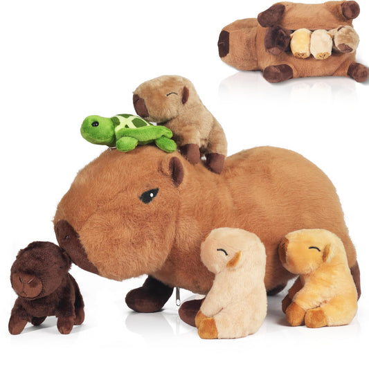 XYHQYB capybara mommy plush with babies offers secure play and cuddling.