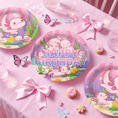 Xynic Axolotl balloons brighten the party backdrop.