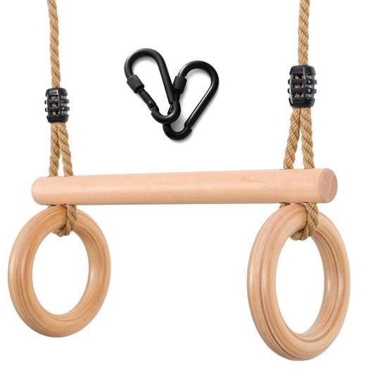 YAERSI trapeze swing bar with wooden build, ideal for backyard play and grip strength.