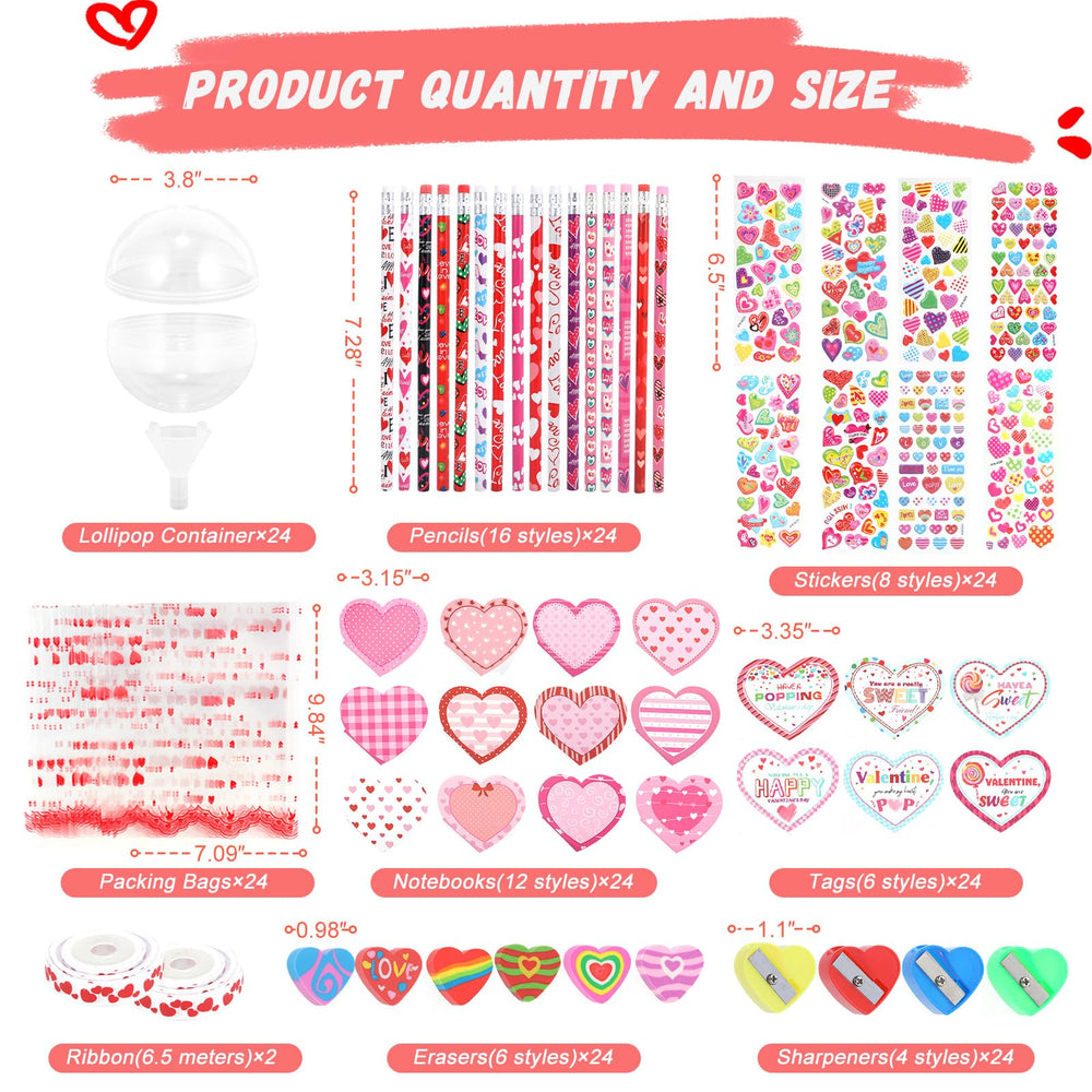 Yaeyia Valentines lollipop-shaped gift set display with erasers and notebooks for party favors.