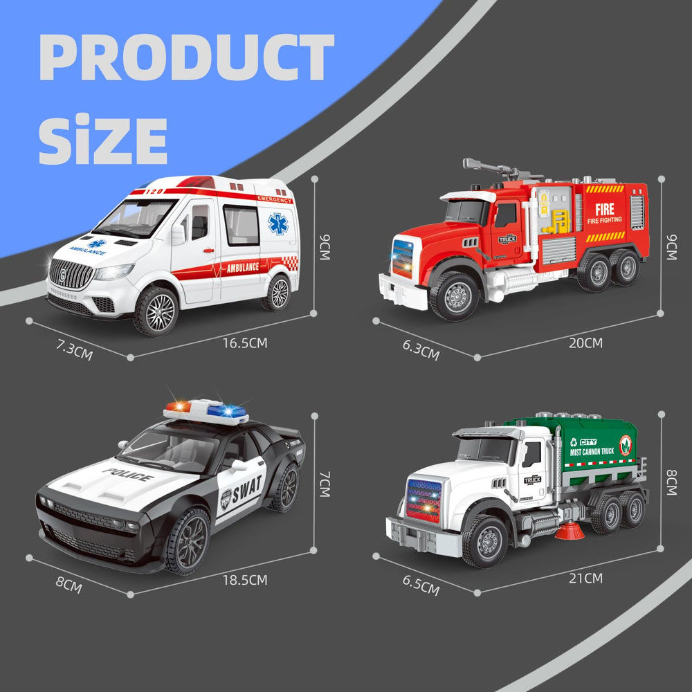 Yalujumb four-pack emergency vehicles set provides hours of imaginative play.