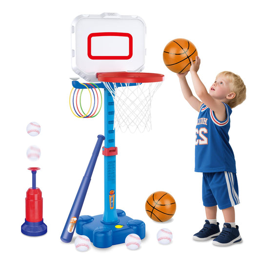 YAOASEN toddler basketball hoop and baseball launcher in backyard for active play and coordination.