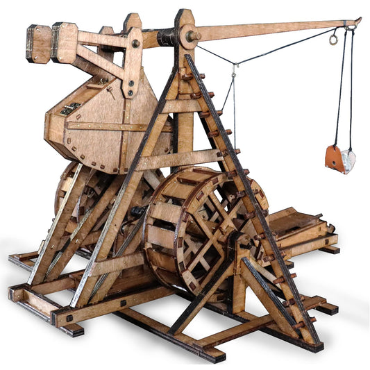 YAQUMW mini counterweight trebuchet wheel shown for tabletop testing and display