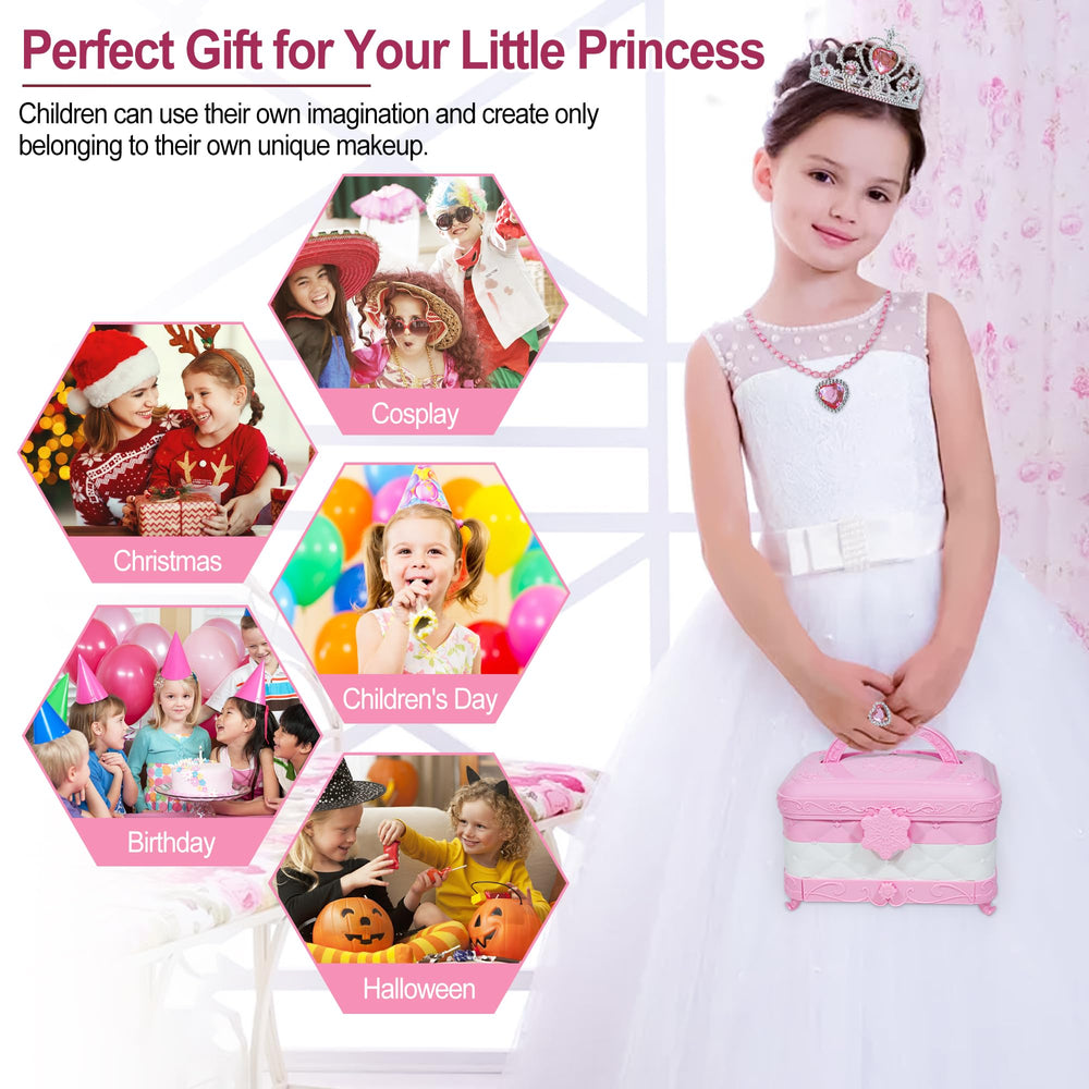 Princess crown and gem jewelry add a magical dress-up element.