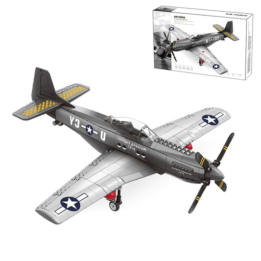 YBLOCK P51 Mustang assembly shows detailed bricks for creative building.