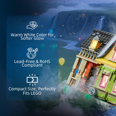 YEABRICKS Up House LED with warm white museum-grade glow.