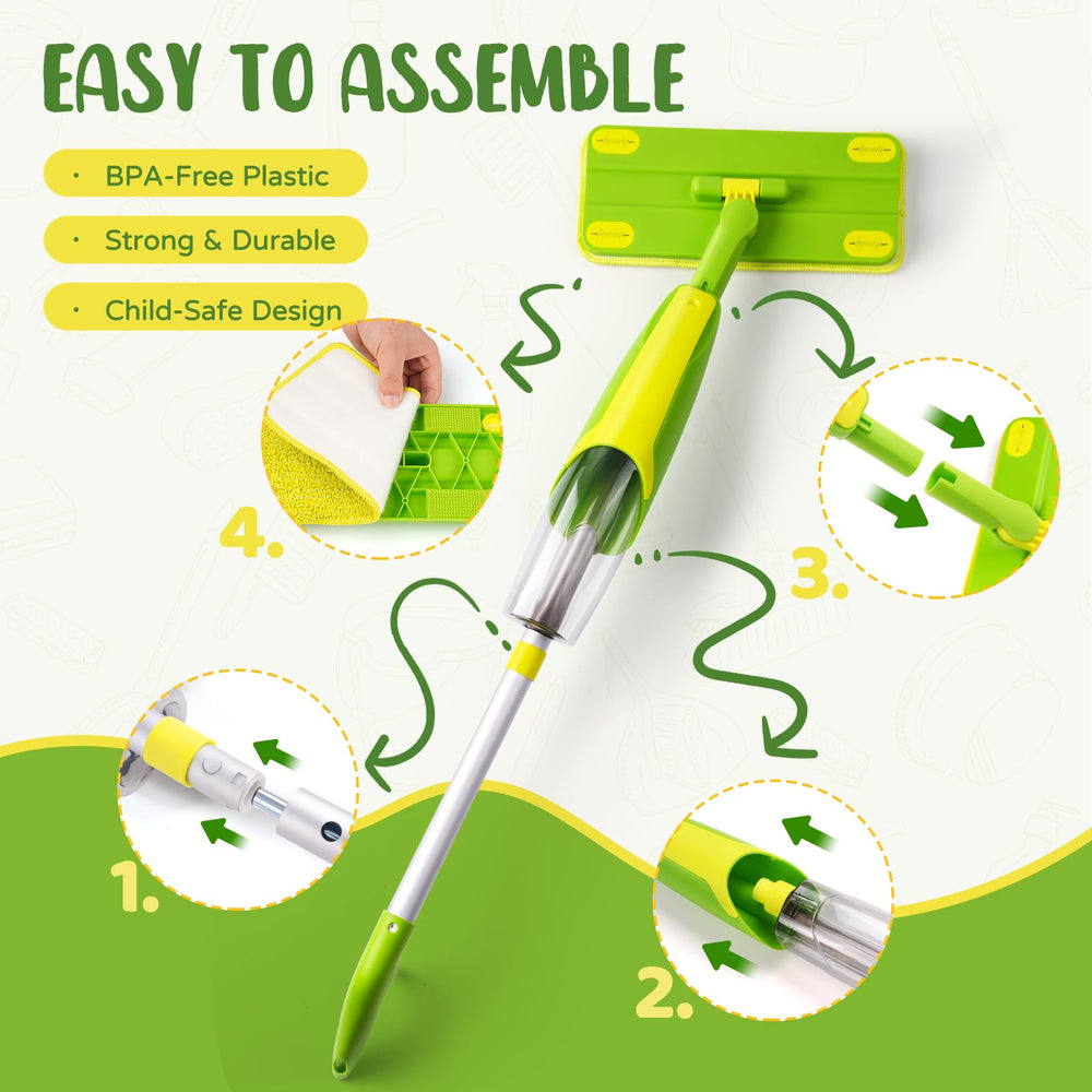 Yeeammk mop-broom-dustpan set demonstrates complete pretend-cleaning routine.