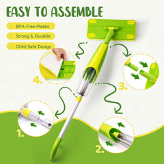 Yeeammk mop-broom-dustpan set demonstrates complete pretend-cleaning routine.