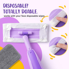 Yeeammk Purple Mini Spray Mop in a Montessori-inspired pretend cleaning scenario.