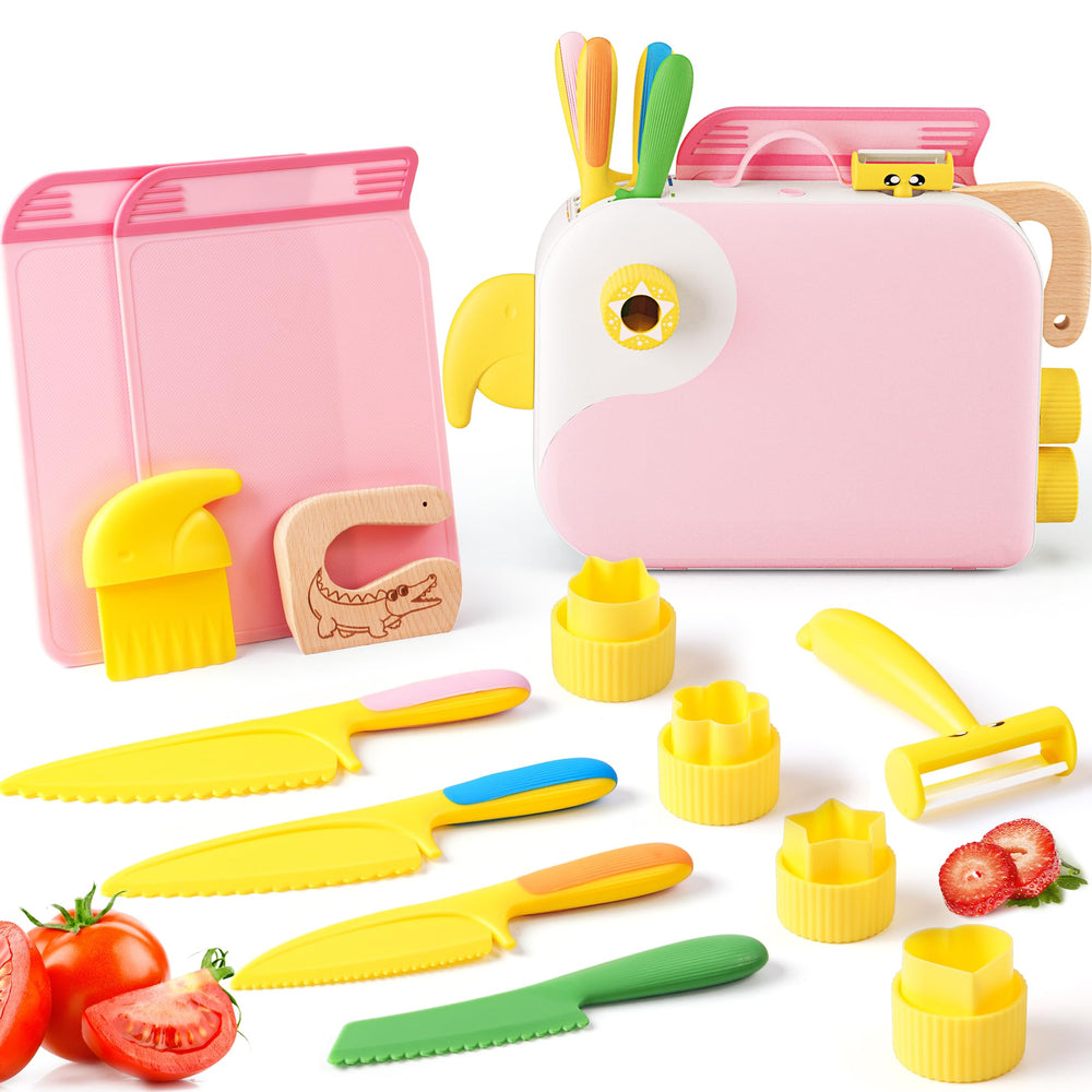 Yeeammk toddler cooking set with a pink bird-shaped box for pretend baking fun