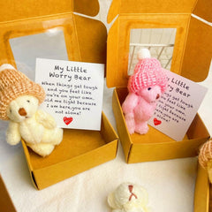 Yeesam worry bear in box with card visible — thoughtful morale boost for students.