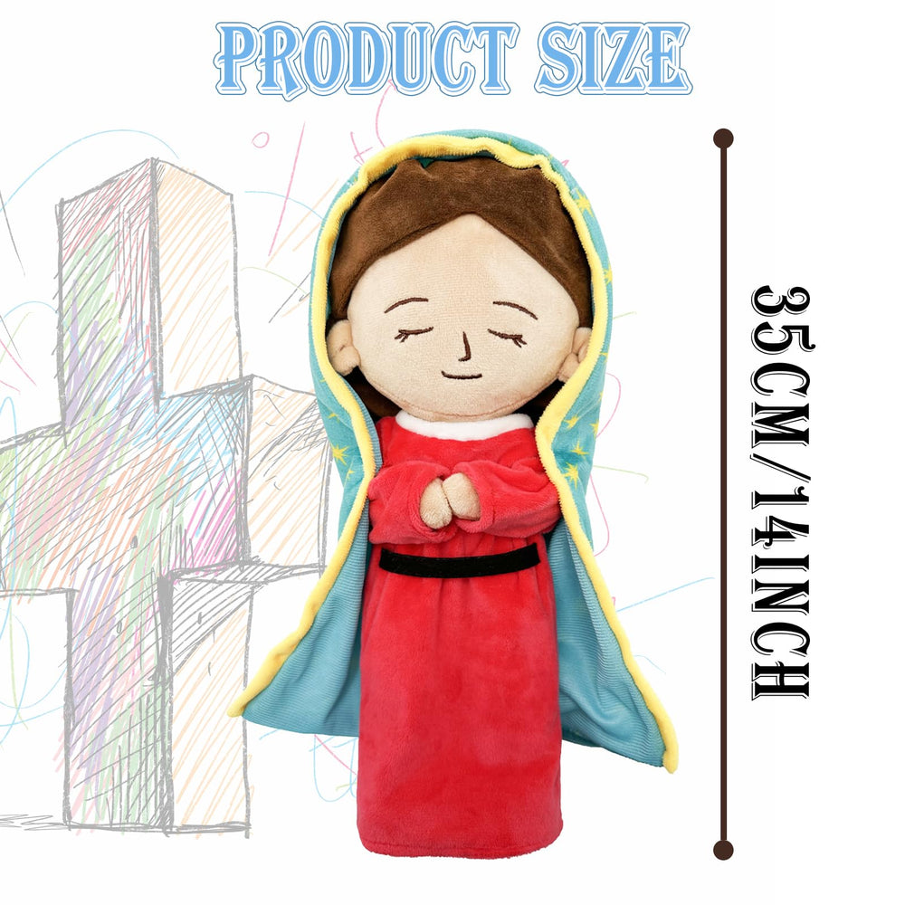 Guadalupe plush Mary doll displayed in a living room setting for serene ambiance.