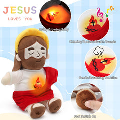 Yelakey haloed Jesus plush provides soft materials for cuddly comfort.