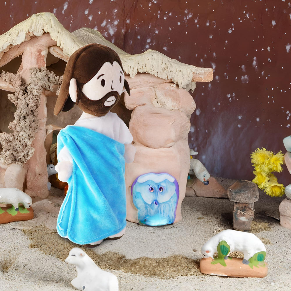 Yelakey Jesus plush doll hugging scene offers gentle bedtime reassurance