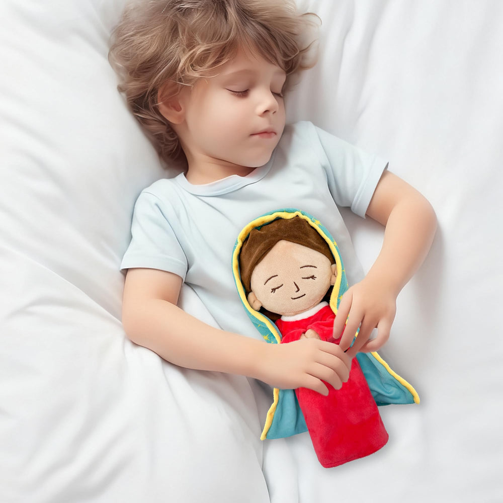 Mary plush on a tabletop decoration, adding warm decor notes.