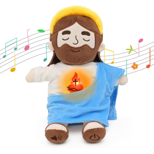 Yelakey soothing Jesus plush with glow belly offers gentle bedtime comfort.