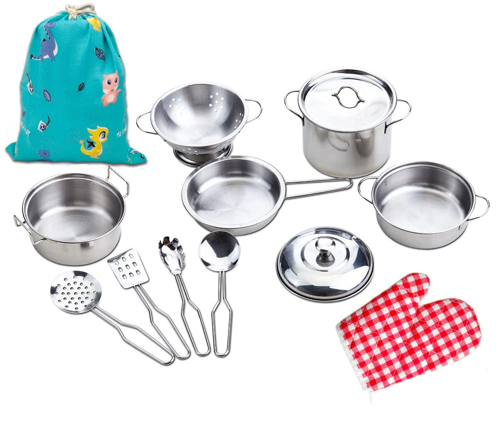 Yellora lid, colander, spoon, and spaghetti server for realistic role-play meals