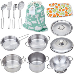 Yellora play pots and pans set closeup for realistic pretend cooking and imaginative play.