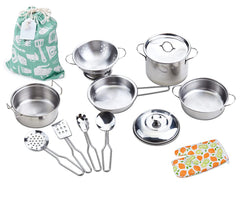 Yellora pots pans playset closeup emphasizes complete pretend kitchen for kids.