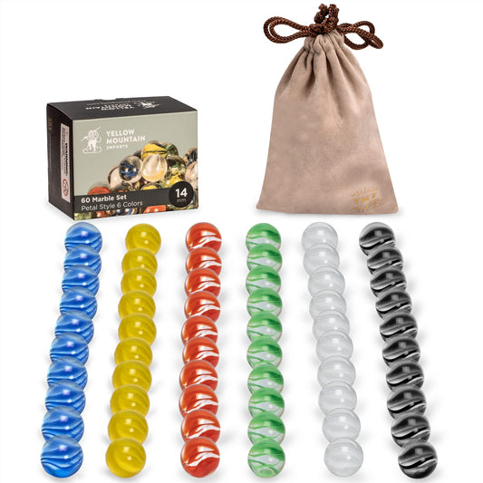Yellow Mountain Imports 60-piece petals glass marbles in vibrant 14mm design for family play