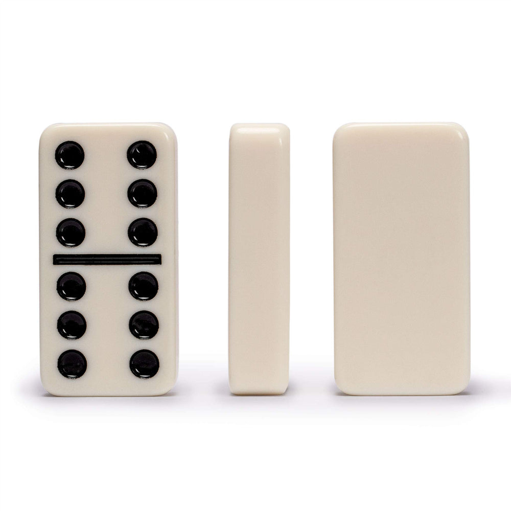 Open dark oak case showing the organized domino set inside