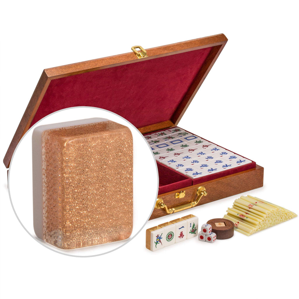 Yellow Mountain Imports classic Chinese mahjong set with champagne gold tiles for elegant gameplay