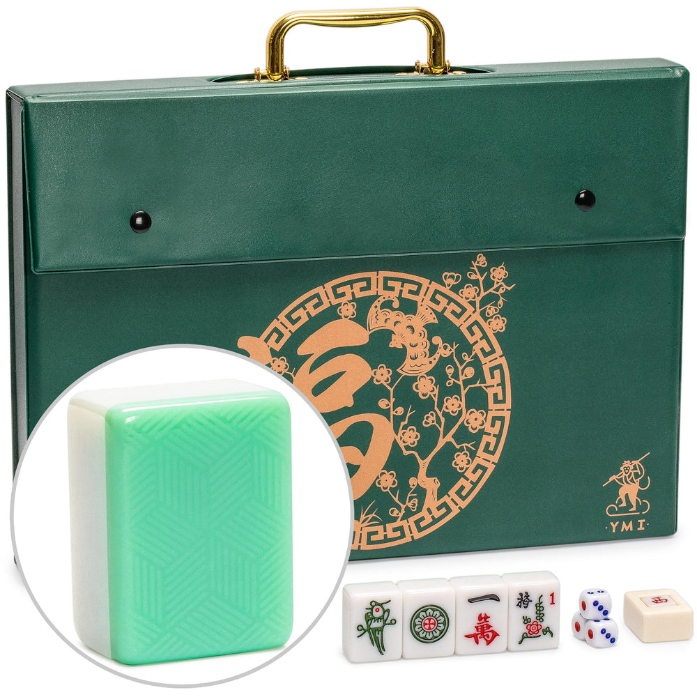 Yellow Mountain Imports Emerald Weave Mahjong tiles close-up with detailed engravings for authentic play