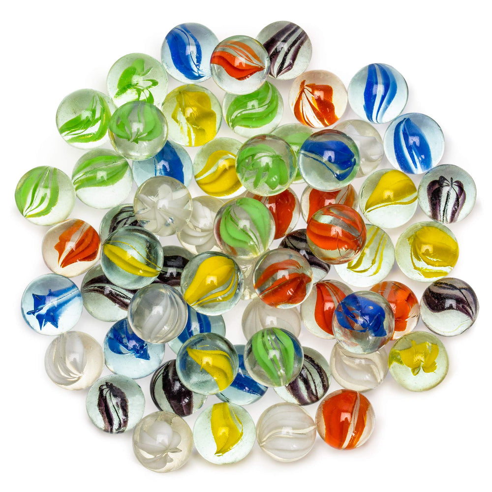 Yellow Mountain Imports kid-friendly marbles suitable for ages five and up.