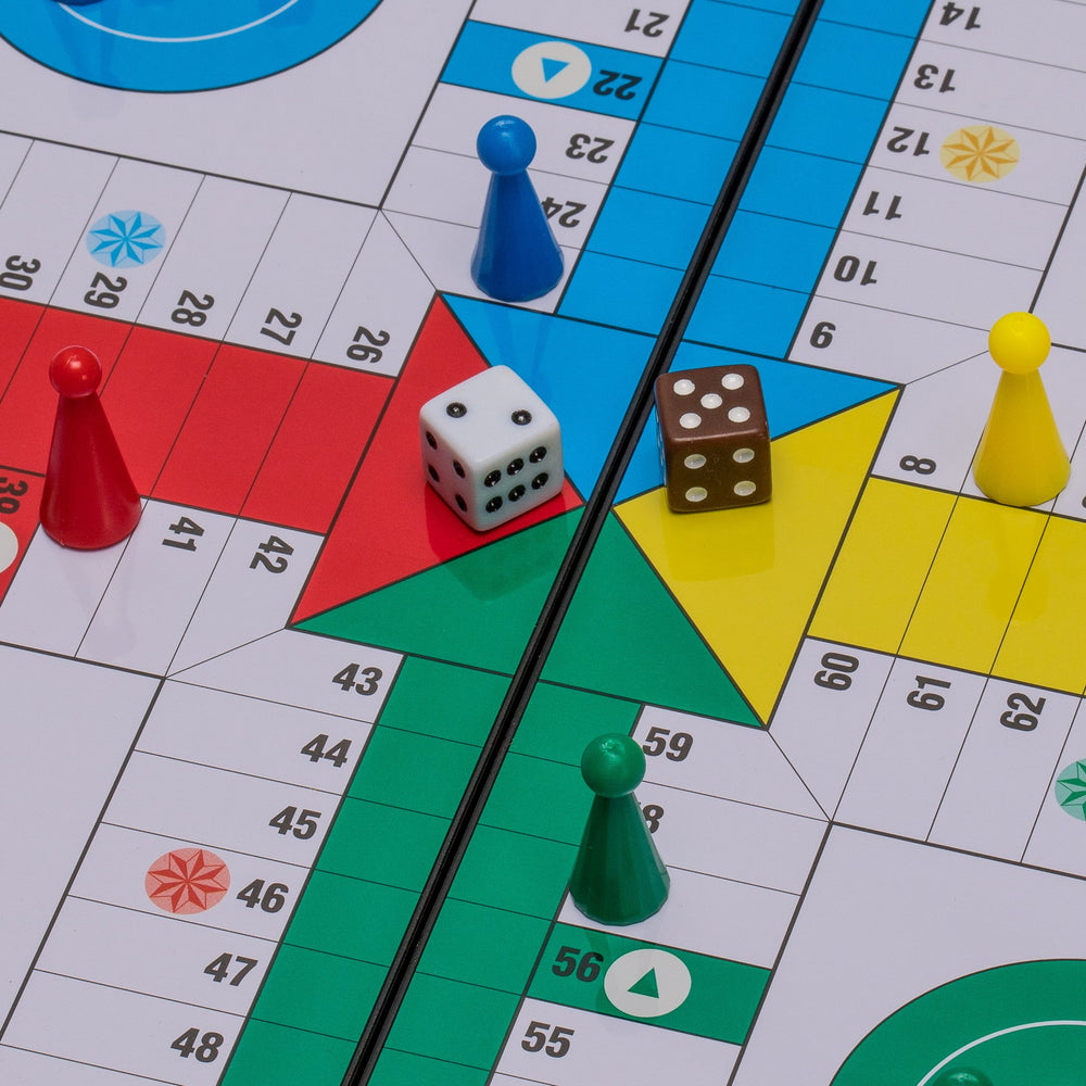Yellow Mountain Imports Ludo pieces stored inside board when not in use