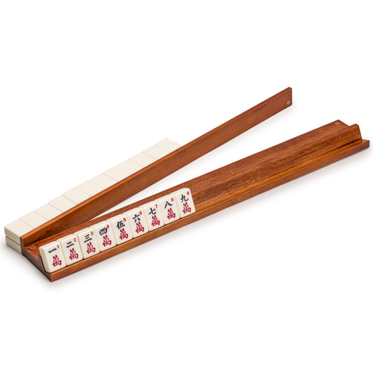 Yellow Mountain Imports mahjong racks in chestnut wood, front view, showcasing durable construction.
