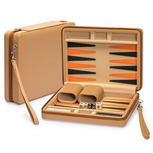 Yellow Mountain Imports travel backgammon set in leatherette case with magnetic pieces for on-the-go play.