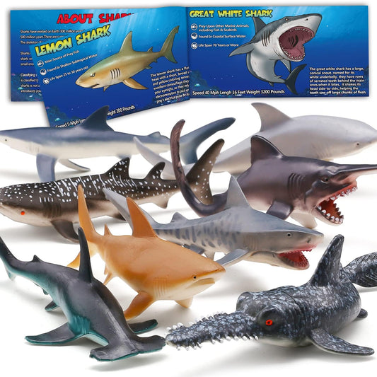 Yeonha Toys 8-pack shark toys with booklet for interactive learning.