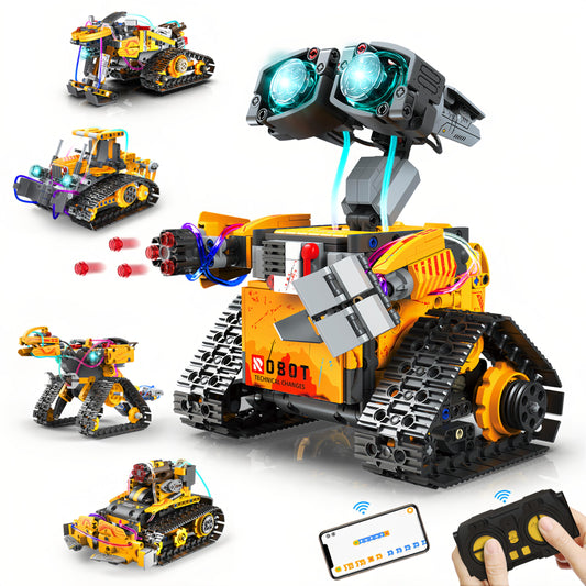 Yerloa 673pcs robot snowmobile model with LED lights for immersive STEM play.