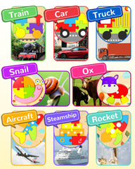 Yetonamr wooden puzzles – colorful vehicles and designs – stimulates color recognition and focus.