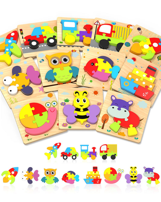 Yetonamr wooden toddler puzzles vehicles promote fine motor skills and imaginative play.