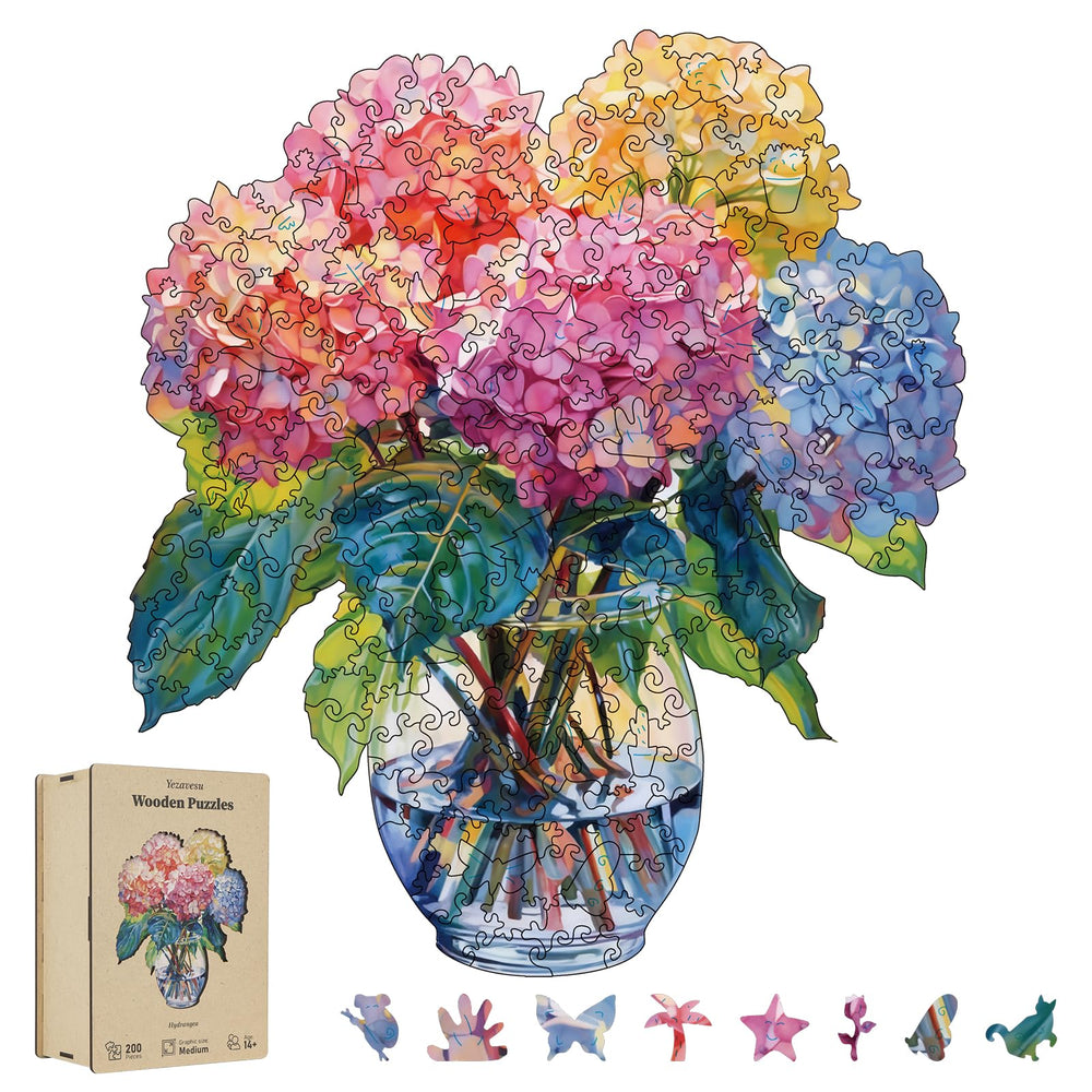 Yezavesu Hydrangea wooden puzzle pieces laid out for mindful weekend challenge