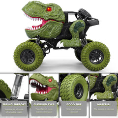 YEZI RC dinosaur car all-terrain wheels on varied surfaces