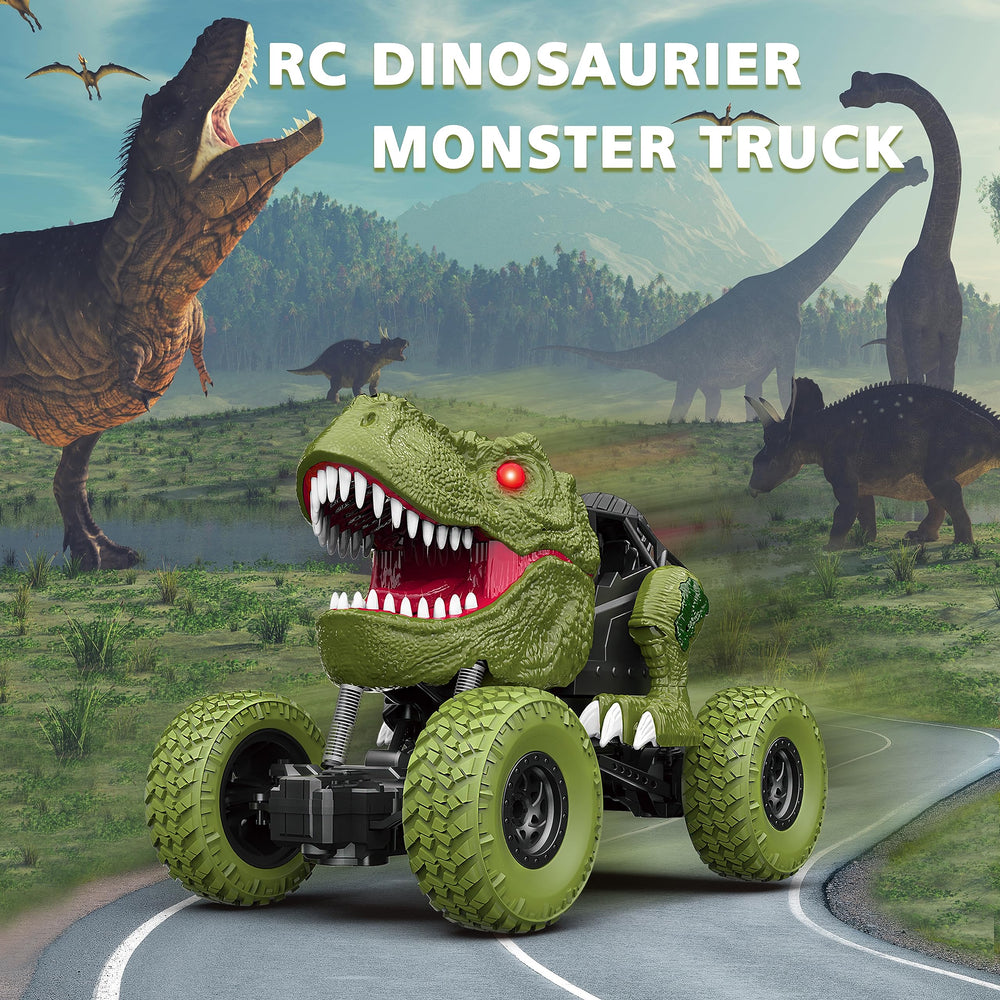 YEZI RC dinosaur car in action at night with glowing LEDs