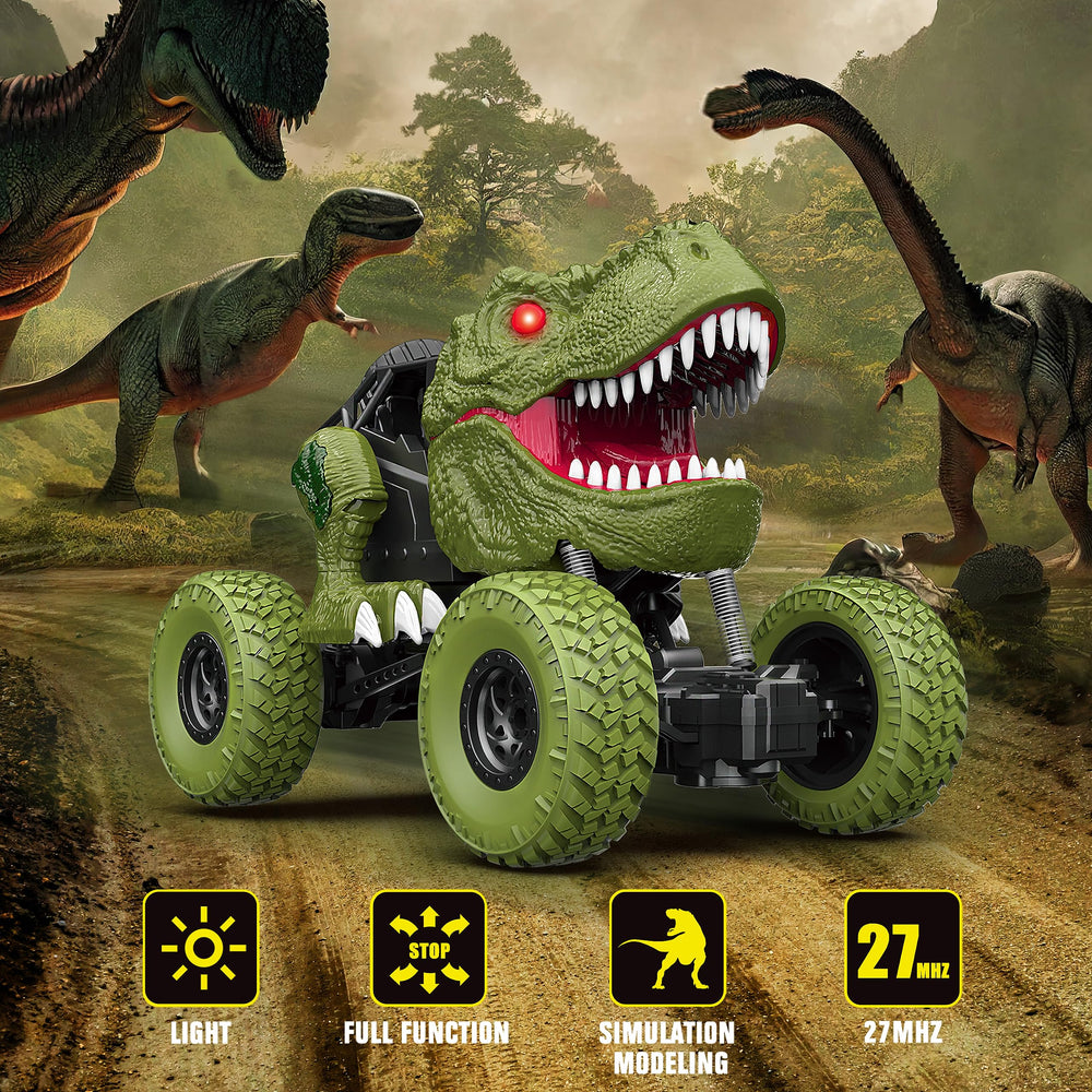 YEZI RC dinosaur car side view showing sturdy build for rough terrain