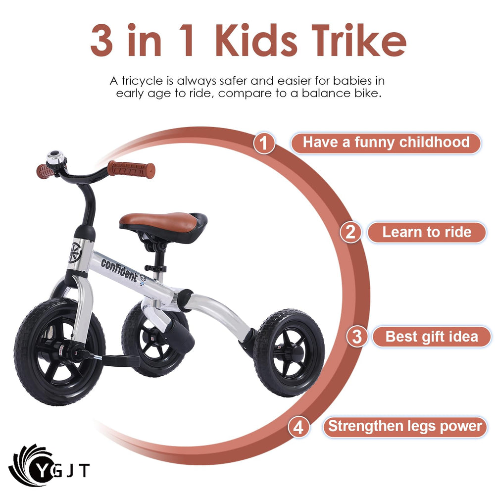 YGJT 3-in-1 tricycle detachable pedal supports pedal-free toddler training.