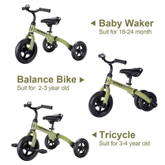 YGJT 3-in-1 tricycle army green removable pedal for pedal-free training