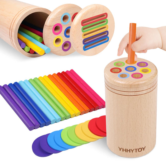 YHHYTOY color sorter wooden toy with rainbow slots for fine motor skills.