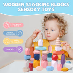 Diverse wooden rocks in varied sizes for sorting and counting play by YHHYTOY.