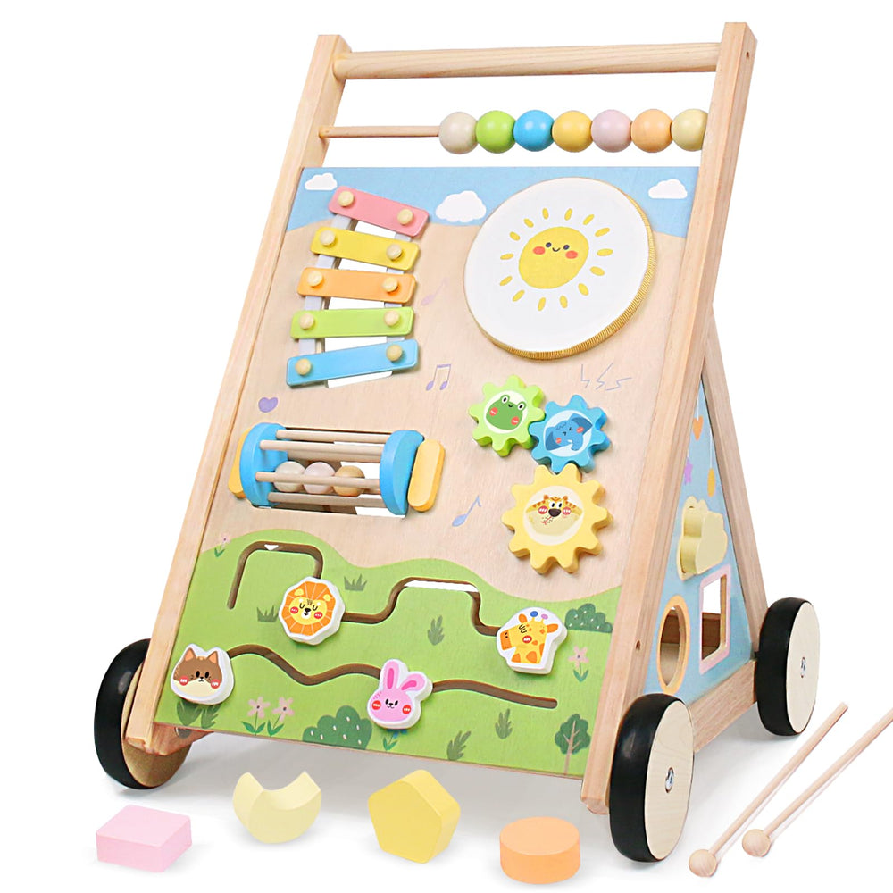 YHHYTOY wooden baby walker with wheels supports confident first steps