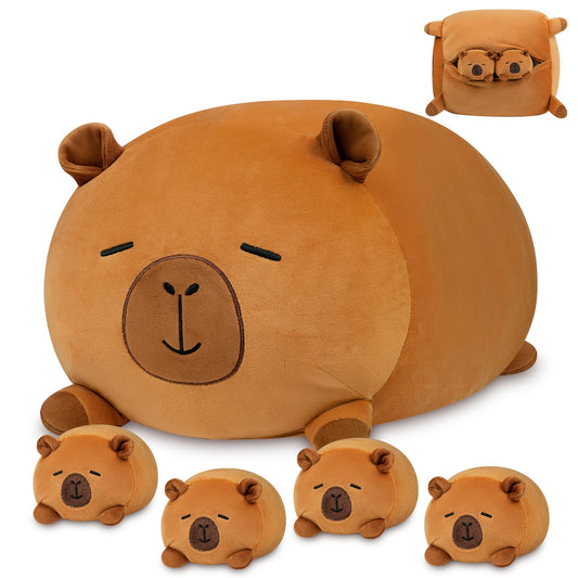 YIIQUWEN Capybara plush belly unzip reveals four baby capybaras for a playful surprise.