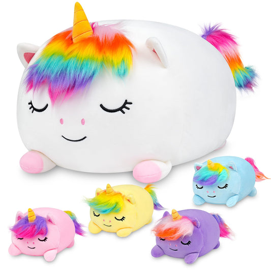 YIIQUWEN unicorn plush set opened to reveal four baby unicorns for cuddling.