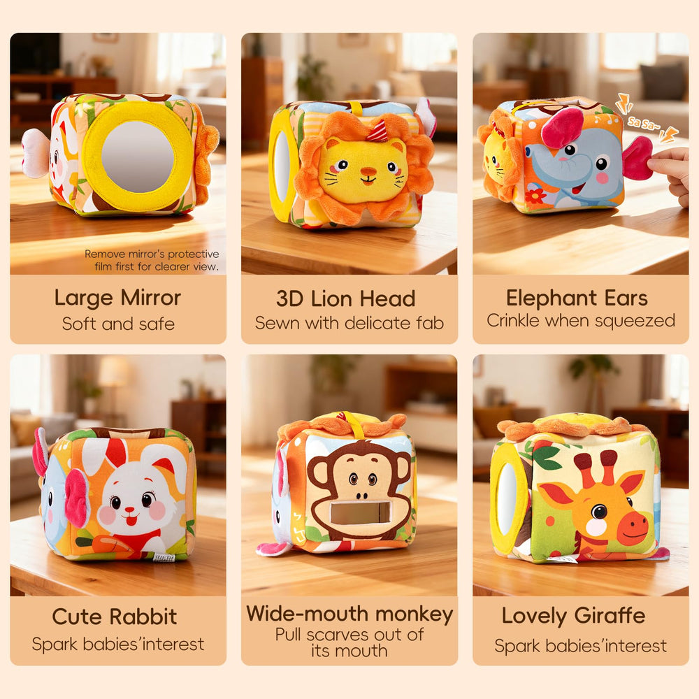 Yisryerow tissue box toy features elephant ears for crinkle sounds and exploration