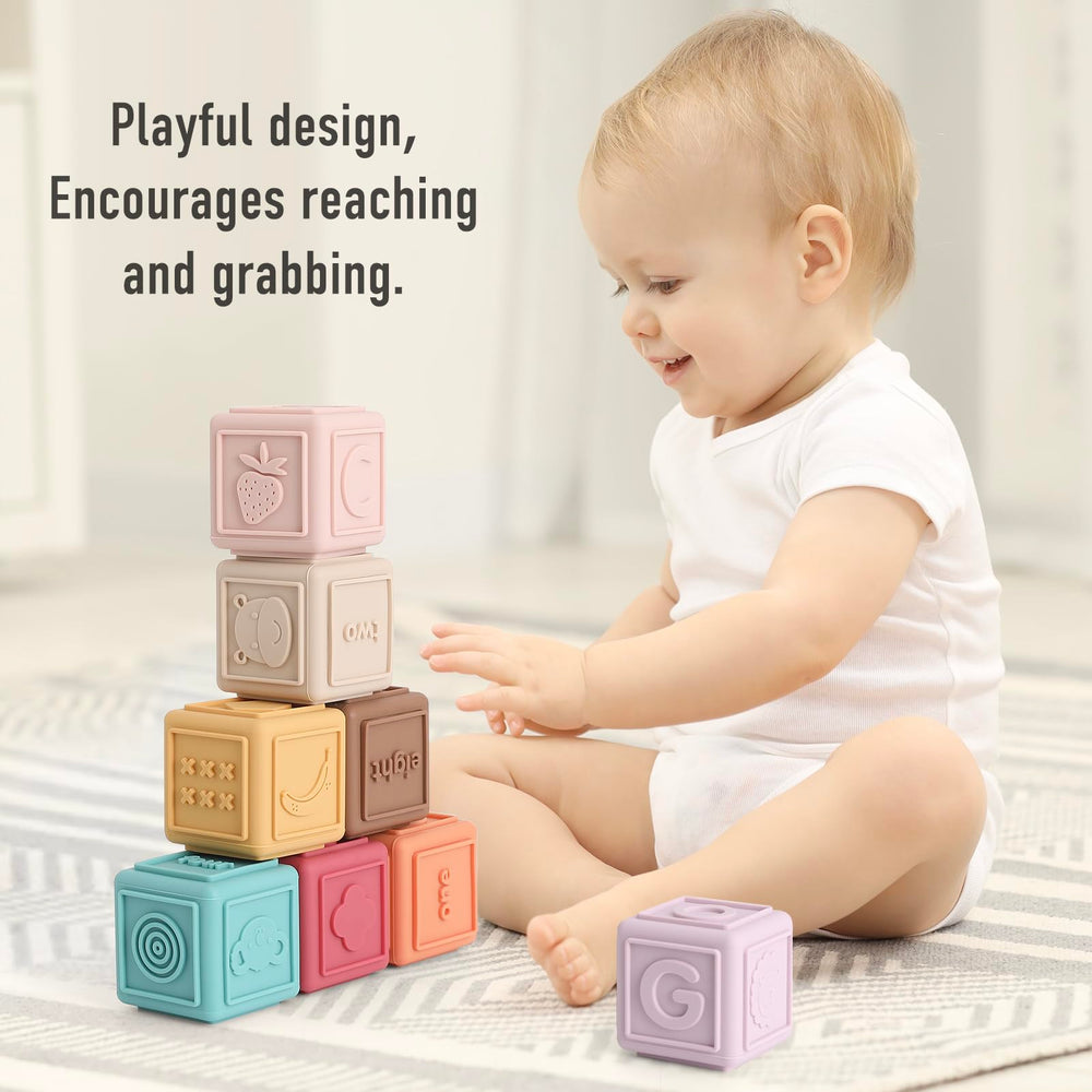 YIVEKO Blocks' soft silicone texture is gentle for curious mouths during teething.